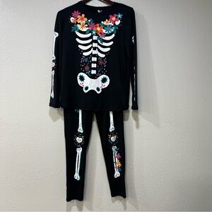 Jaclyn Smith Black Skeleton Pajama Set Women’s Size Small Halloween Floral Skull